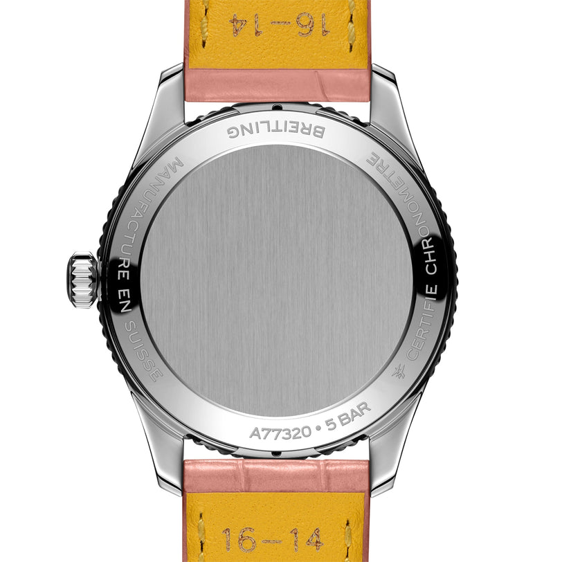 Back view of a Breitling Navitimer 32 wristwatch with a stainless steel case, leather strap, engraved model number A77320, 5 BAR water resistance, and featuring the reliable Breitling 77 calibre movement.