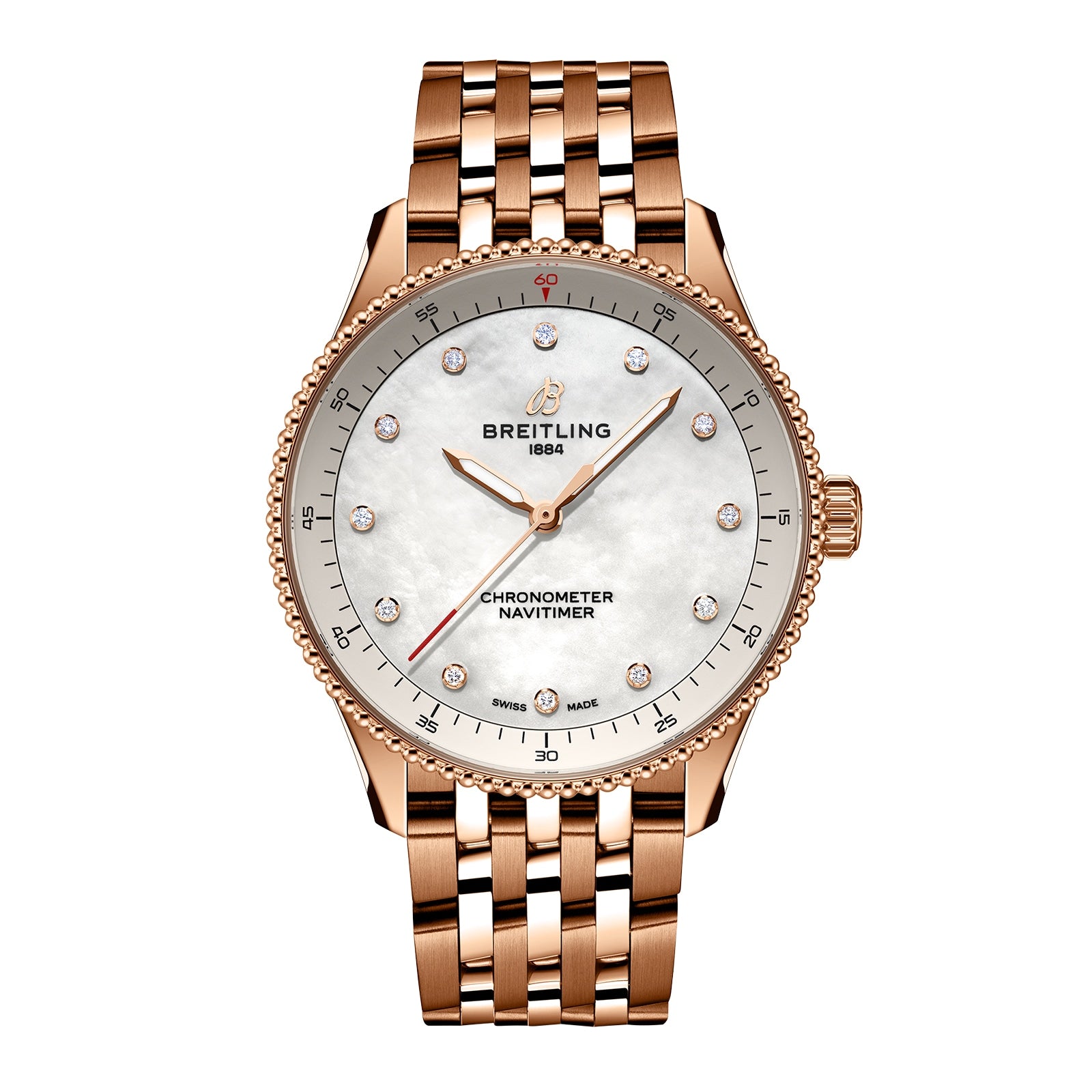 The Breitling Navitimer 32 is an elegant 18K red gold wristwatch with a white mother-of-pearl dial, diamond hour markers, and a five-link metal bracelet.