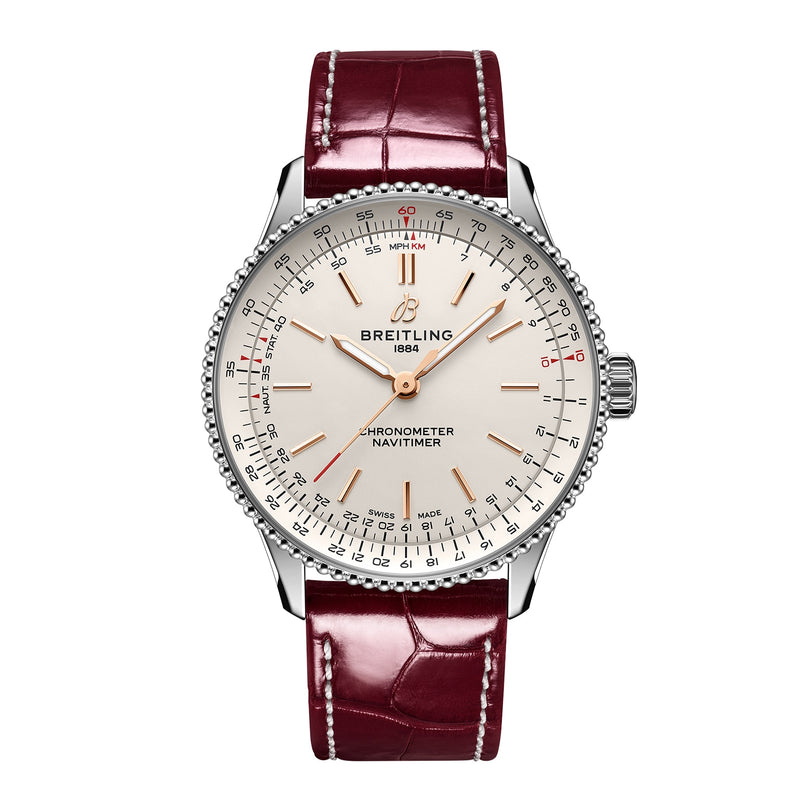 The Breitling Navitimer Automatic 36 features a 36mm stainless steel case, white dial, rose gold markers, and a burgundy leather strap, shown against a white background.
