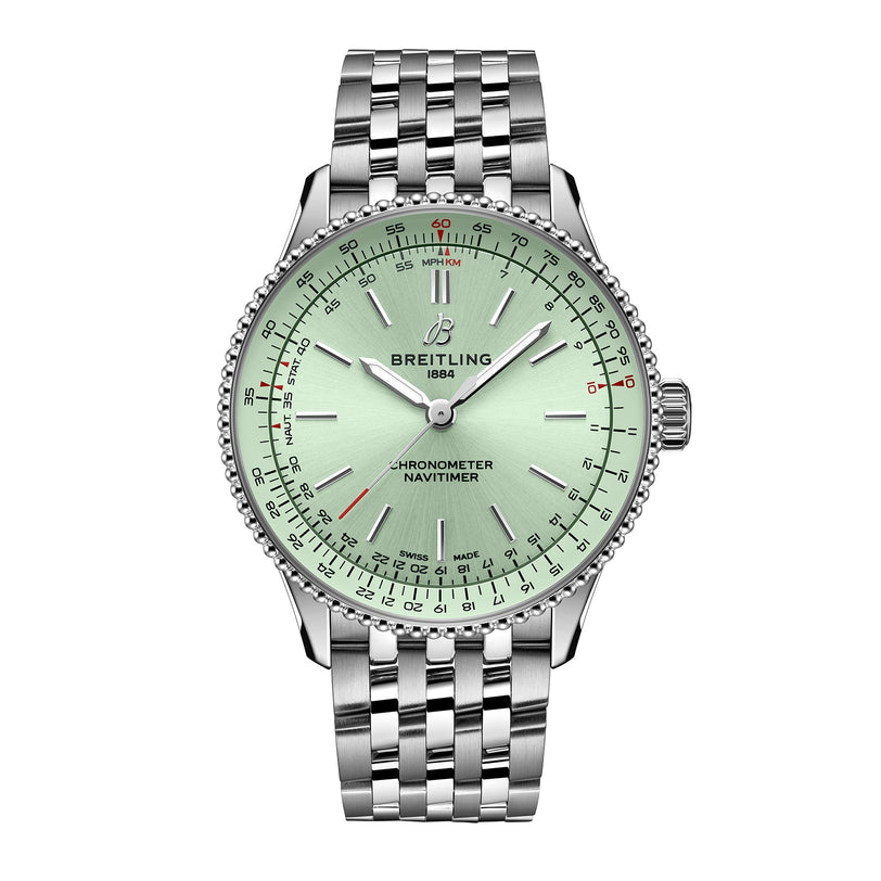 The Breitling Navitimer Automatic 36 features a mint green dial with silver indices and hands, a stainless steel link bracelet, and the precise Breitling 17 movement, displayed against a white background.