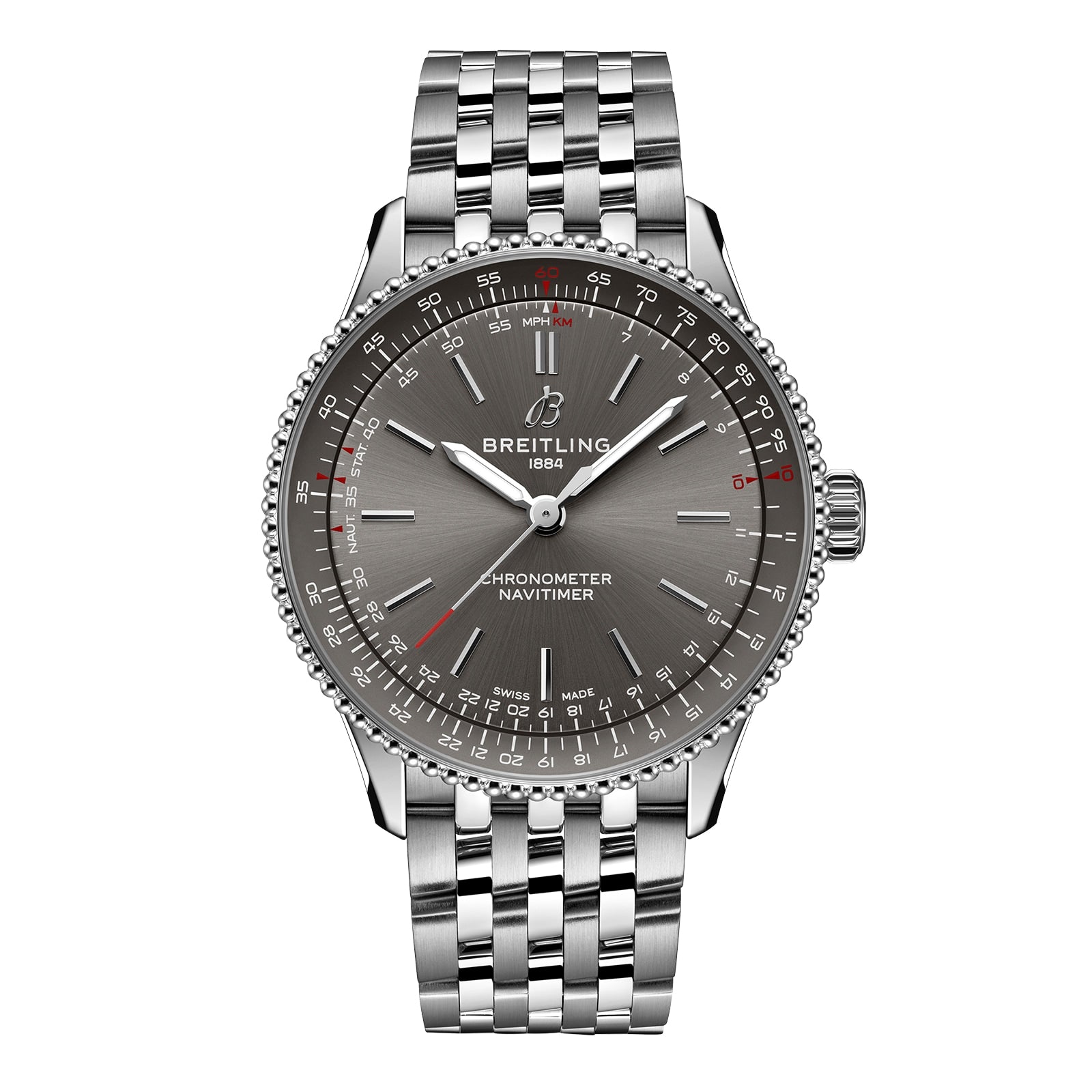 The Breitling Navitimer Automatic 36 is a stainless steel wristwatch featuring a gray dial, metal bracelet, chronograph functions, and a date indicator.