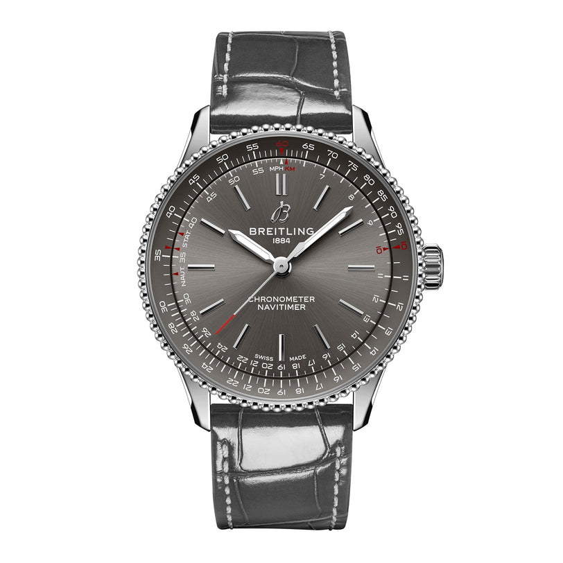 The Breitling Navitimer Automatic 36 features an anthracite dial with silver markers and a grey leather strap, displaying hours, minutes, seconds, and mechanical chronograph functions.