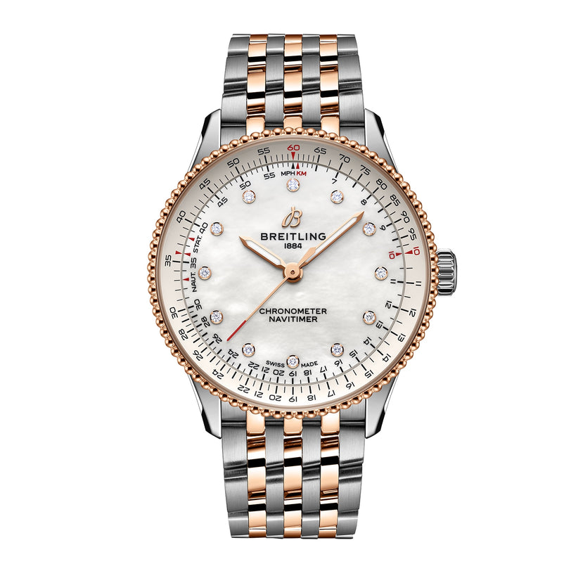 The Breitling Navitimer Automatic 36 features a silver and rose gold metal band, a white dial with diamond hour markers, and detailed measurement markings.