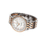 The Breitling Navitimer Automatic 36 features a two-tone metal link bracelet, white mother-of-pearl dial with diamond hour markers, and a gold bezel, displayed on a white background.