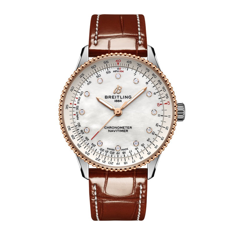 The Breitling Navitimer Automatic 36 boasts a mother-of-pearl dial, diamond hour markers, rose gold bezel, and brown leather strap—a refined mechanical chronograph blending classic elegance with modern style.