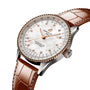 The Breitling Navitimer Automatic 36 features a white mother-of-pearl dial with diamond markers, a brown leather strap, and a stainless steel case—blending classic style and precision in an elegant wristwatch.
