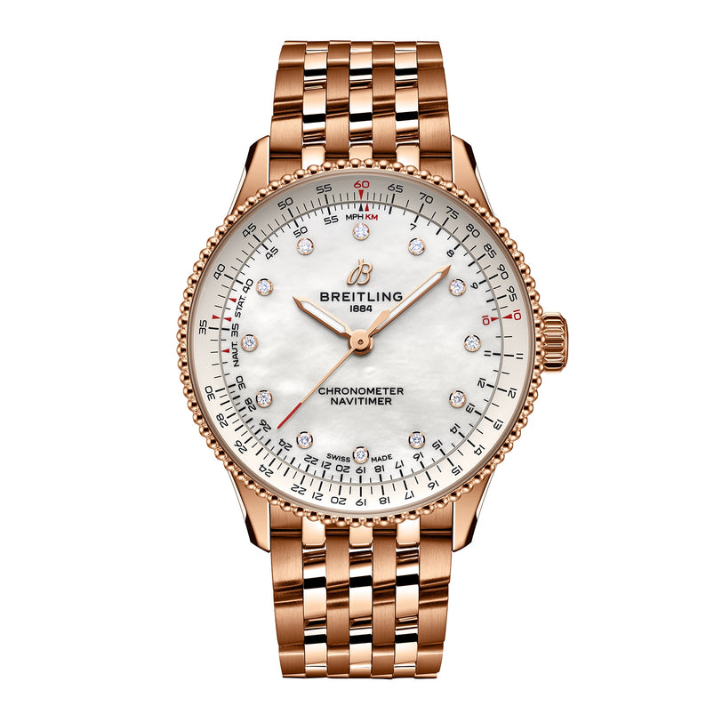 The Breitling Navitimer Automatic 36 wristwatch features a mother-of-pearl dial, diamond hour markers, and a metal link bracelet, elegantly presented against a white background.