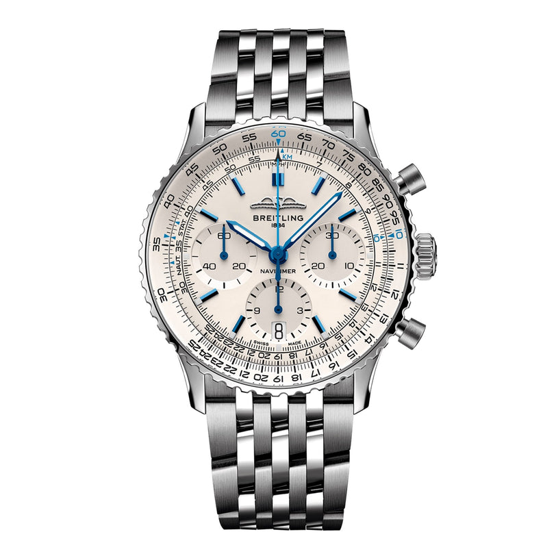 The Breitling Navitimer B01 Chronograph 41 features a stainless steel case, silver dial with blue accents, three subdials, date window, linked metal bracelet, and is powered by the precise B01 movement.