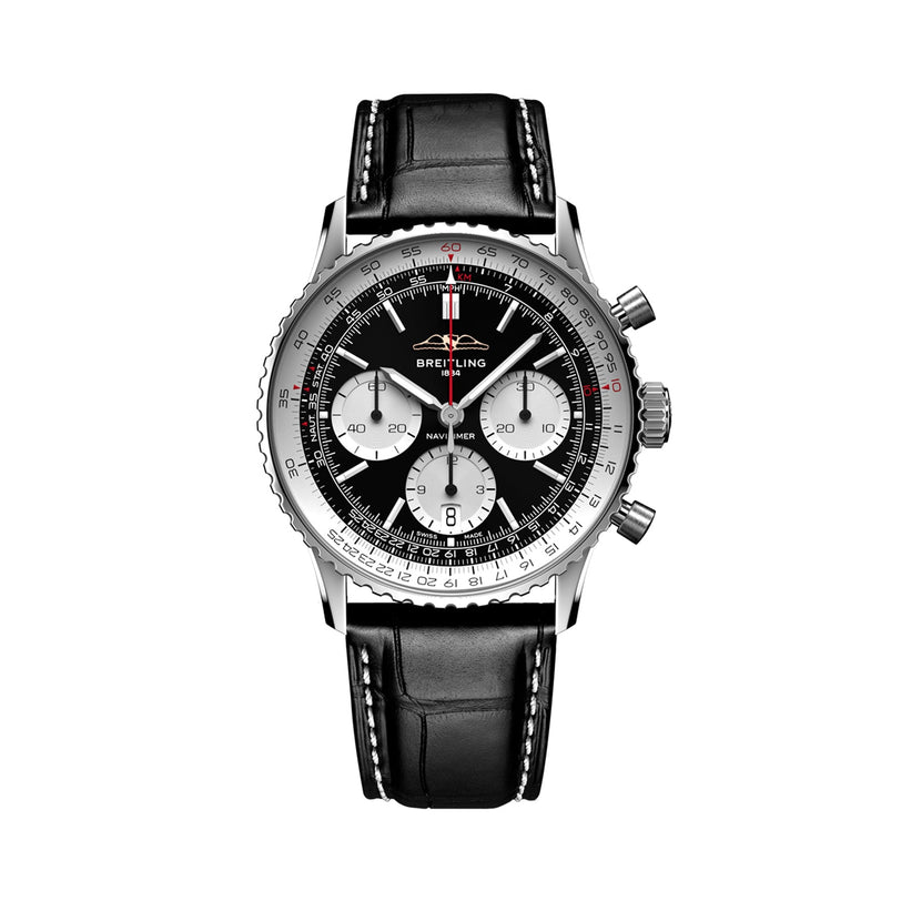 The Breitling Navitimer B01 Chronograph 41 features a black and silver chronograph dial with three subdials, a black leather strap, and a silver case, displayed against a white background.