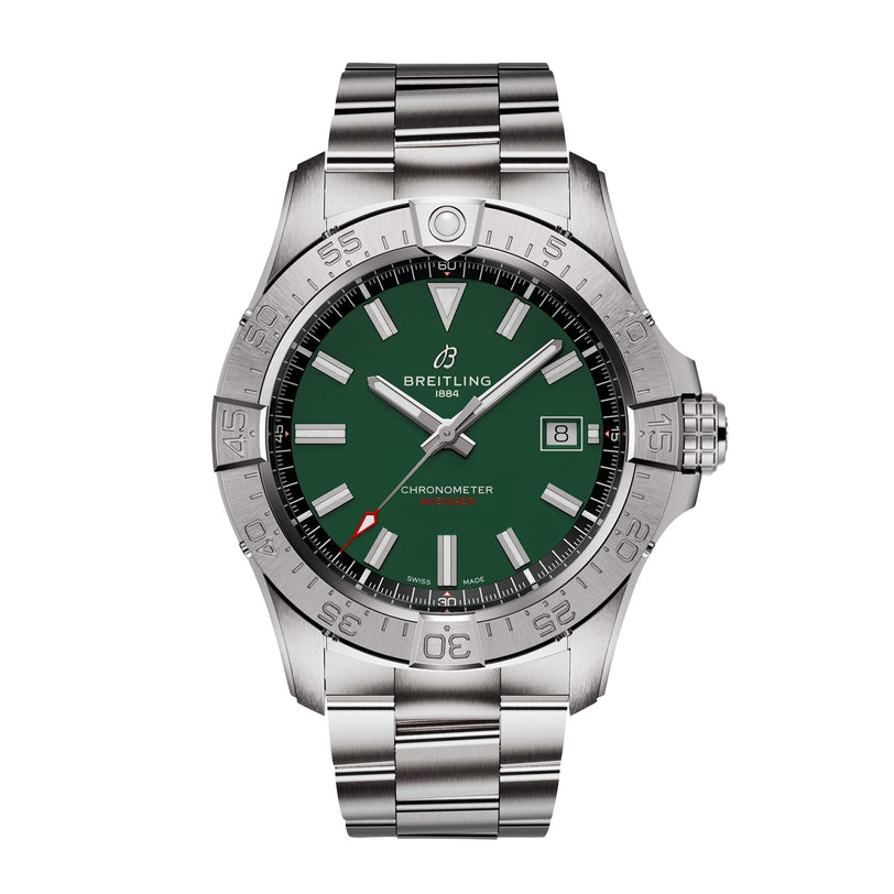 The Breitling Avenger Automatic 42 watch features a stainless steel case, military green dial with silver hour markers, and a date window at 3 o’clock. Shown on a white background, this water-resistant timepiece blends style and durability.