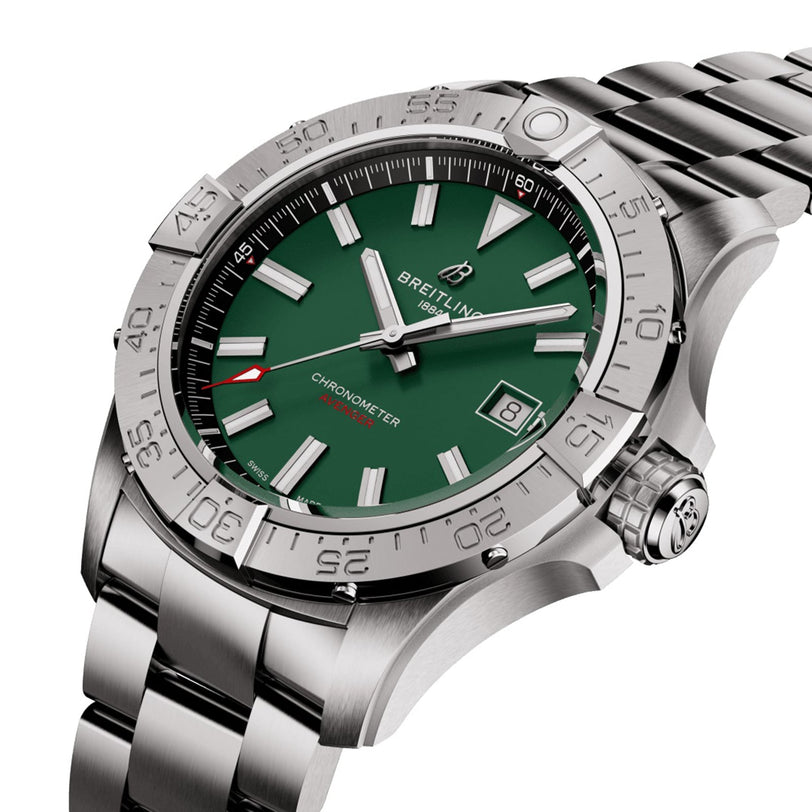 The Breitling Avenger Automatic 42 is a stainless steel watch featuring a military green dial, silver hour markers, date at 3 o’clock, and a water-resistant metal link bracelet.