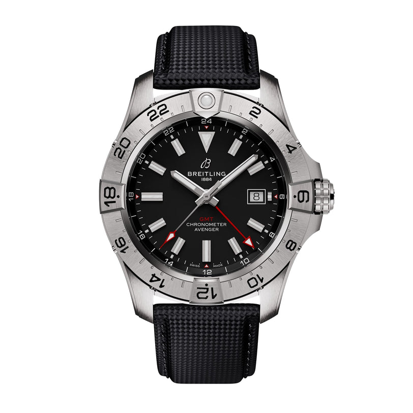 The Breitling Avenger Automatic GMT 44 features a black dial, silver bezel, date at 3 o’clock, red GMT hand, and is powered by the Breitling 32 calibre with a durable military-grade leather strap.