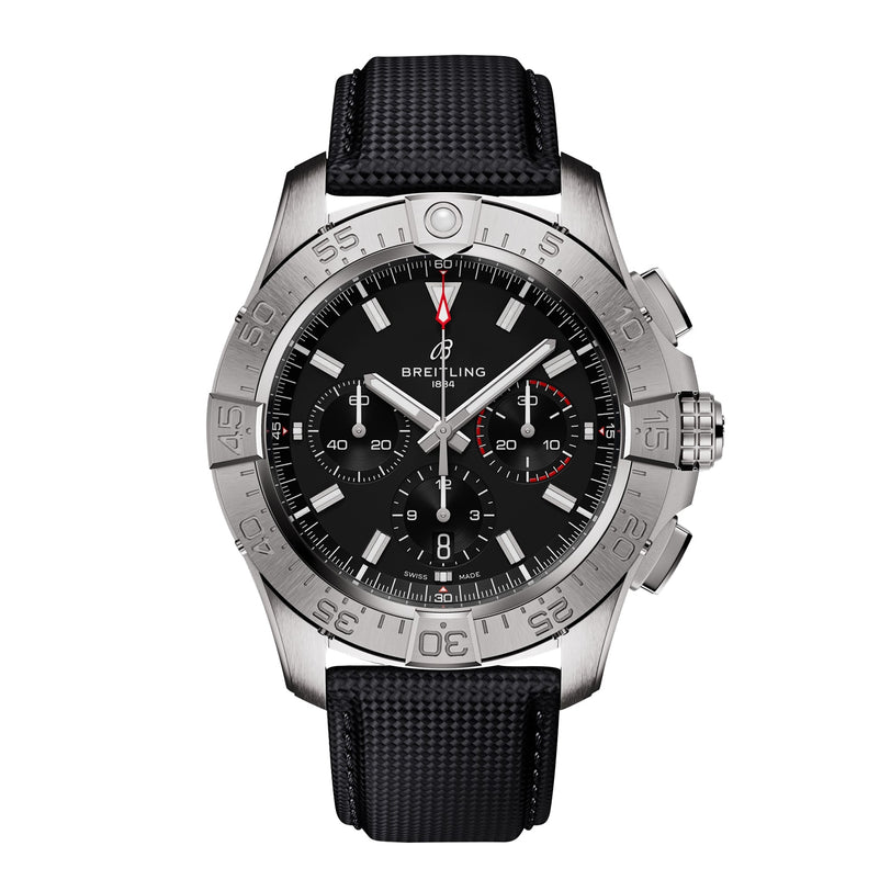 The Breitling Avenger B01 Chronograph 44 features a stainless steel case, black dial with luminous markers, three subdials, and a black textured strap, showcased on a white background for a bold military-inspired look.
