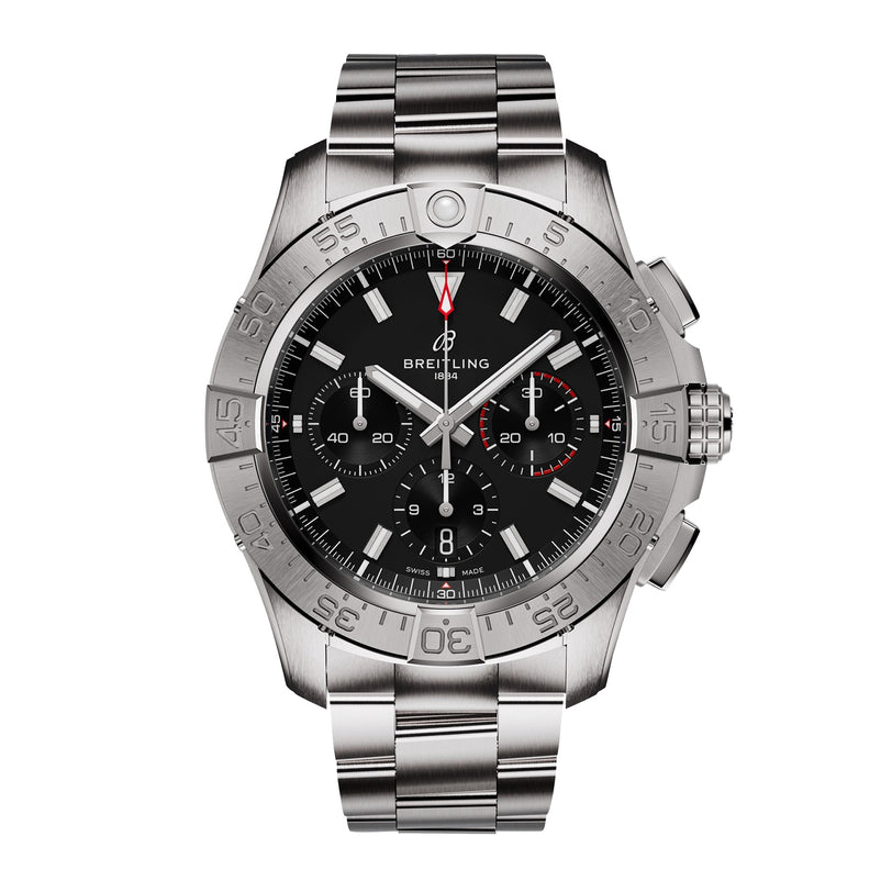 The Breitling Avenger B01 Chronograph 44 features a stainless steel case, black dial with three subdials, date display, and a silver metal bracelet.