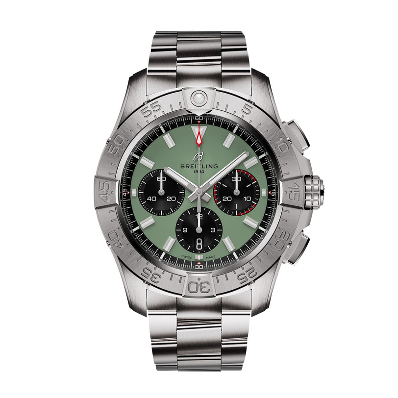 The Breitling Avenger B01 Chronograph 44 is a 44mm stainless steel watch with a green dial, three black subdials, and a metal link bracelet, showcasing military-inspired design elements.