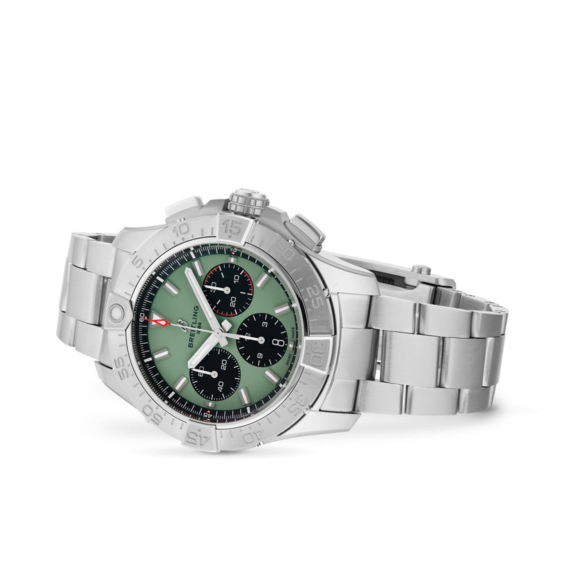 The Breitling Avenger B01 Chronograph 44 showcases a military-inspired look with a 44mm stainless steel case, green dial with black subdials, and metal link bracelet, elegantly displayed against a white background.