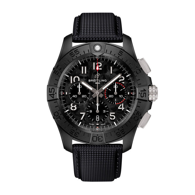A Breitling Avenger B01 Chronograph 44 Night Mission wristwatch features a black dial with three subdials, white and red accents, and a textured black strap, shown against a white background.