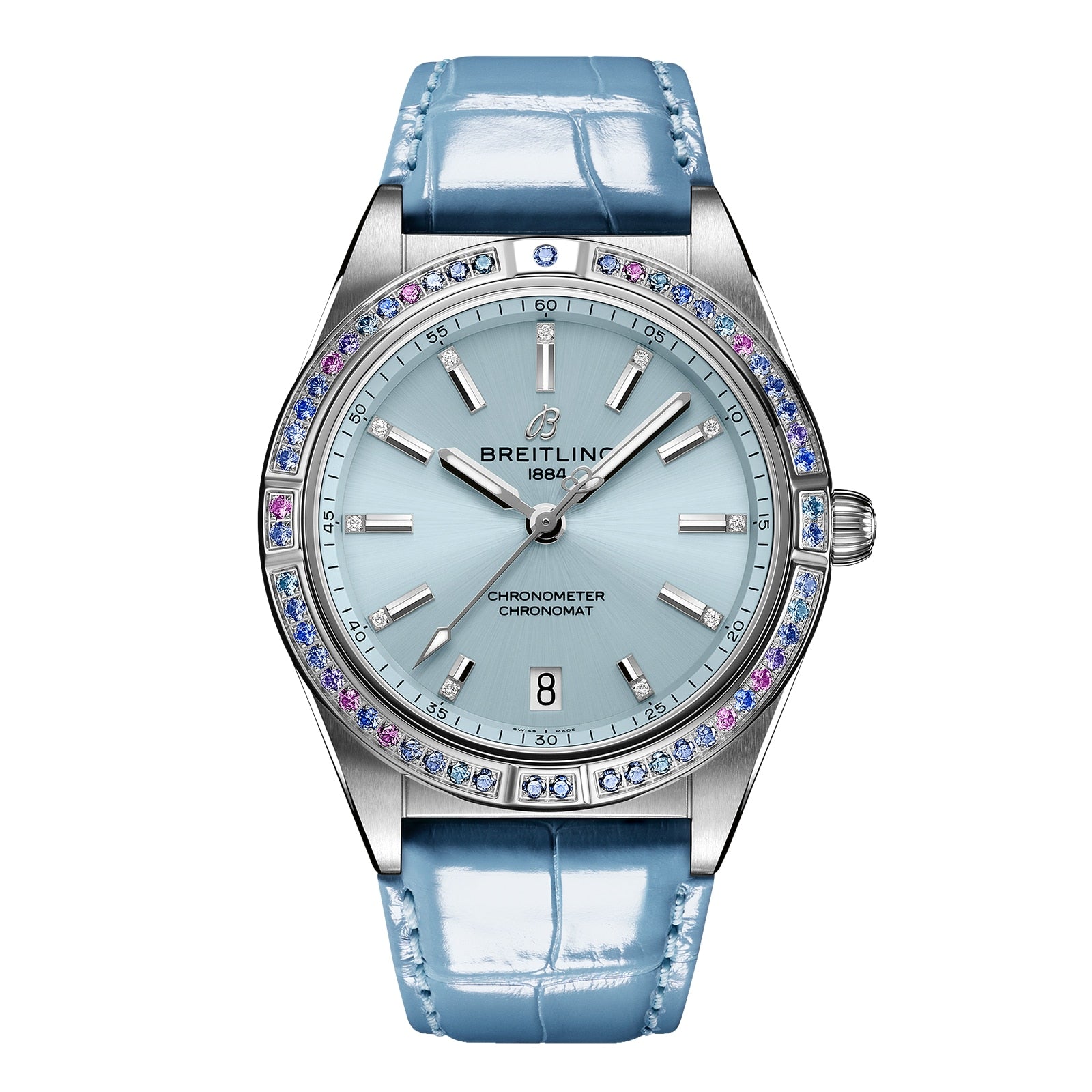 The Breitling Chronomat Automatic 36 South Sea features a light blue dial, 18K white gold gemstone bezel, silver markers, date at 6 o’clock, and a shiny light blue leather strap.