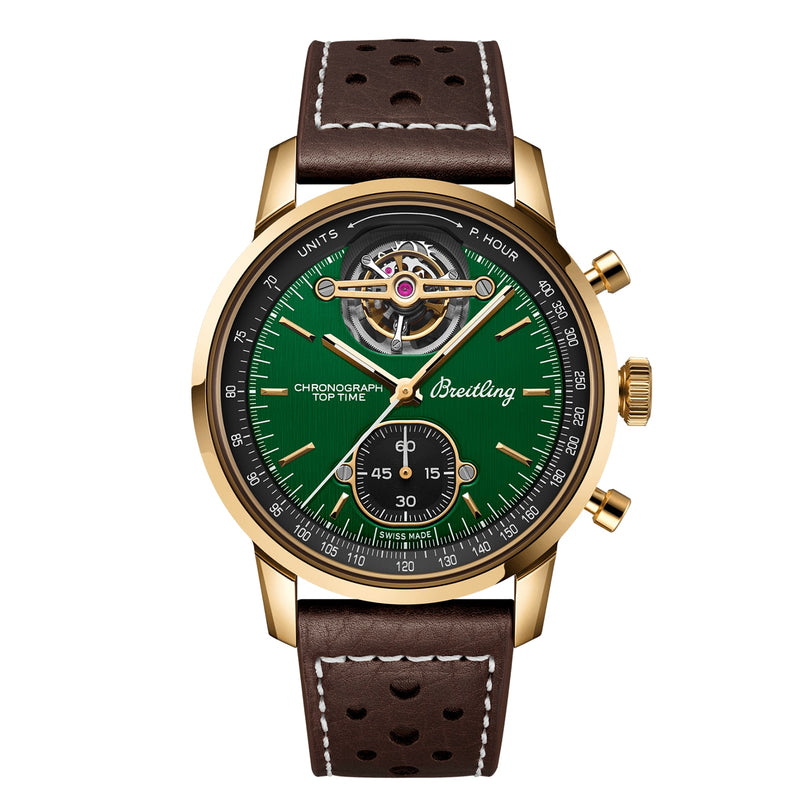Breitling Top Time B21 Ford Mustang: Gold-tone watch with green dial, brown perforated leather strap, racing chronograph features, and visible tourbillon inspired by vintage dashboards.