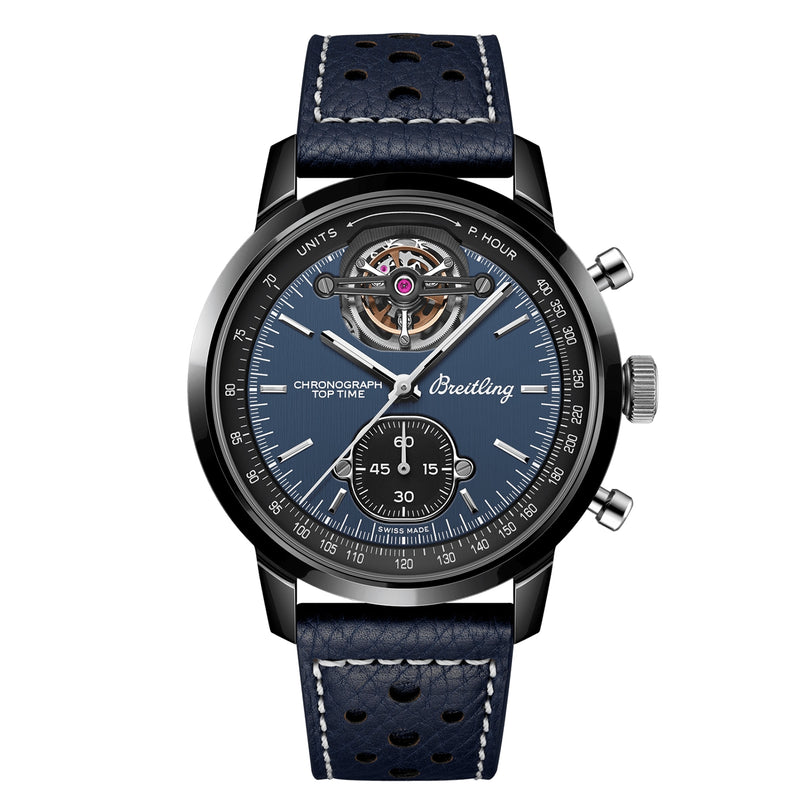 The Breitling Top Time B21 Shelby Cobra features a blue dial, black bezel, sub-dial, open-heart display, and a blue perforated leather strap with white stitching—capturing the spirit of the legendary Shelby Cobra.