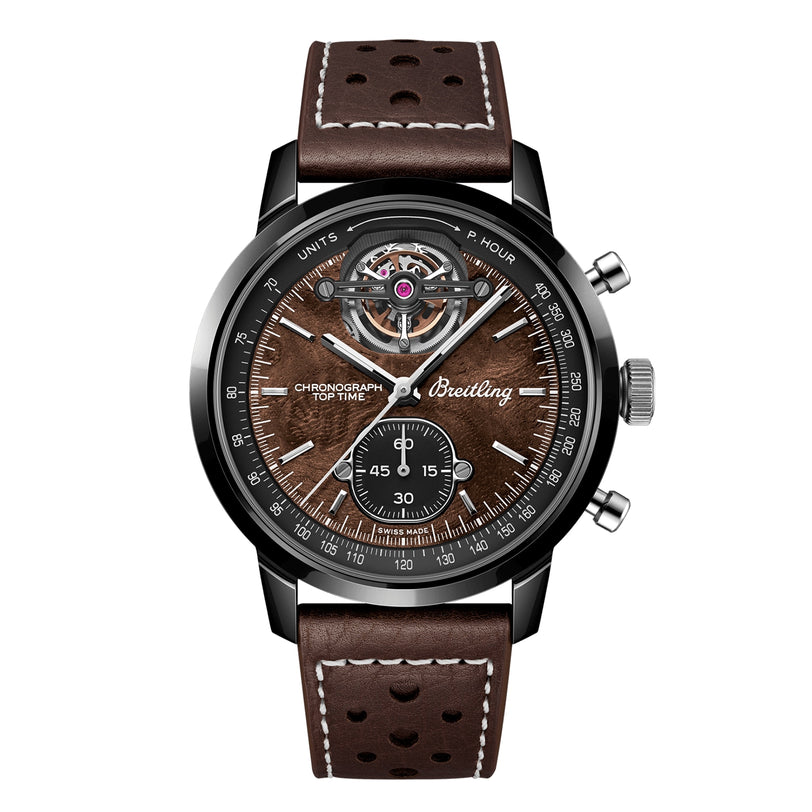 The Breitling Top Time B21 Chevrolet Corvette features a brown textured dial, silver hands, a brown leather strap with white stitching, and an exposed mechanical movement inspired by classic Chevrolet Corvette sports cars.