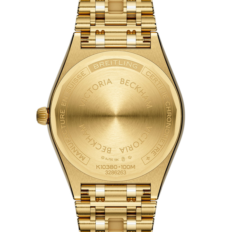 Close-up of the back of the limited edition Breitling Chronomat Automatic 36 Victoria Beckham watch, engraved with Victoria Beckham and detailed specifications.