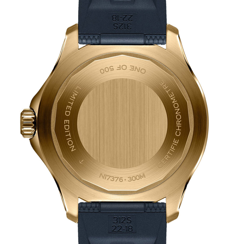 The Breitling Superocean Automatic 44 features a gold case back with limited edition and certification engravings, paired with a dark strap.