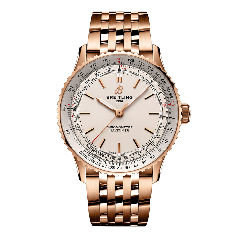 The Breitling Navitimer Automatic 41 is a luxurious rose gold chronograph wristwatch with a white dial, gold hour markers, and a matching metal bracelet.