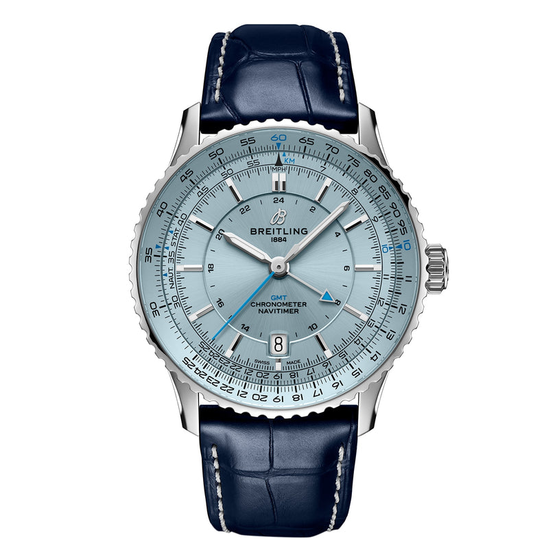 The Breitling Navitimer Automatic GMT 41 features a light blue dial, 41mm stainless steel case, blue leather strap, date at 6 o’clock, and a silver bezel with multiple scales and markers.