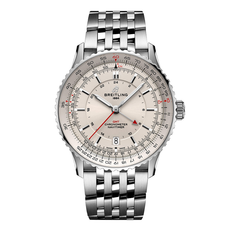 The Breitling Navitimer Automatic GMT 41 showcases a stainless steel case, silver dial with multi-scale markings, date window, and metal bracelet. Powered by the precise Breitling Calibre 32 and displayed on a white background.