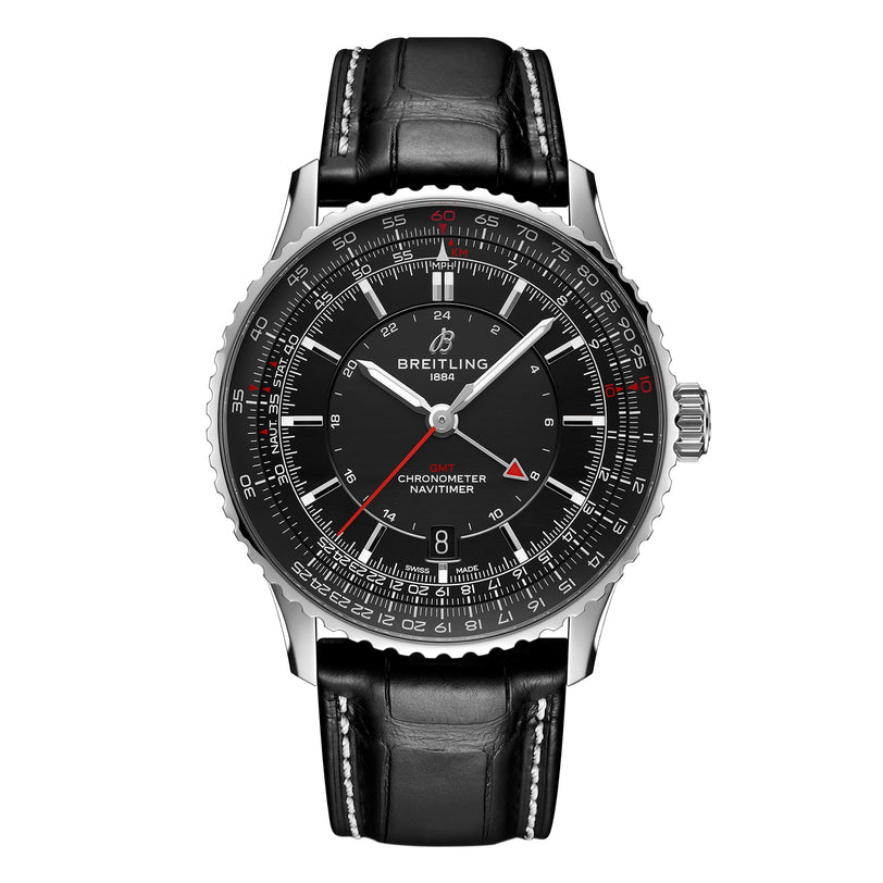 The Breitling Navitimer Automatic GMT 41 features a black leather strap, silver case, black dial with white and red accents, and multiple scales around the face.