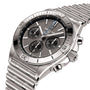 The Breitling Chronomat B01 42 is a stainless steel chronograph watch with a grey dial, three subdials, tachymeter scale, metal link bracelet, and is powered by the acclaimed Breitling 01 calibre.