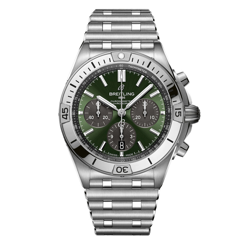 The Breitling Chronomat B01 42 The Watches Of Switzerland Group Centenary Exclusive features a green dial, three subdials, date display, stainless steel case and bracelet, and is powered by the B01 Manufacture Calibre.