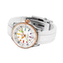 The Breitling Superocean Automatic 36 is a white 36mm stainless steel dive watch with a rose gold bezel, colorful hour markers, and a textured white band, displayed on a plain white surface.