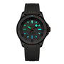 The Breitling Superocean Automatic 36 is a black dive watch with a 36mm stainless steel case, rubber strap, and illuminated blue and green hour markers and hands set against a dark background.