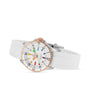 The Breitling Superocean Automatic 36 is a 36mm stainless steel watch with a white band, white face, rose gold accents, and multicolored hour markers, shown at an angle on a white background.