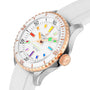 The Breitling Superocean Automatic 36 features a white face, gold bezel, white strap, multicolored hour markers, and a 36mm stainless steel case.