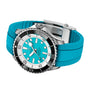 The Breitling Superocean Automatic 44 features a stainless steel case, turquoise rubber strap, turquoise dial, and bold white hour markers—water-resistant and ready for any adventure.