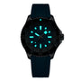 The Breitling Superocean Automatic 44 is a black wristwatch with a dark blue strap, featuring glowing blue hour markers and hands on a dark dial. This water-resistant timepiece combines style and functionality for any adventure.