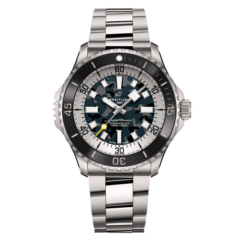 The Breitling Superocean Automatic 46 Super Diver features a stainless steel case, black and silver bezel, skeleton dial, luminous hands, and a metal bracelet, shown against a white background.