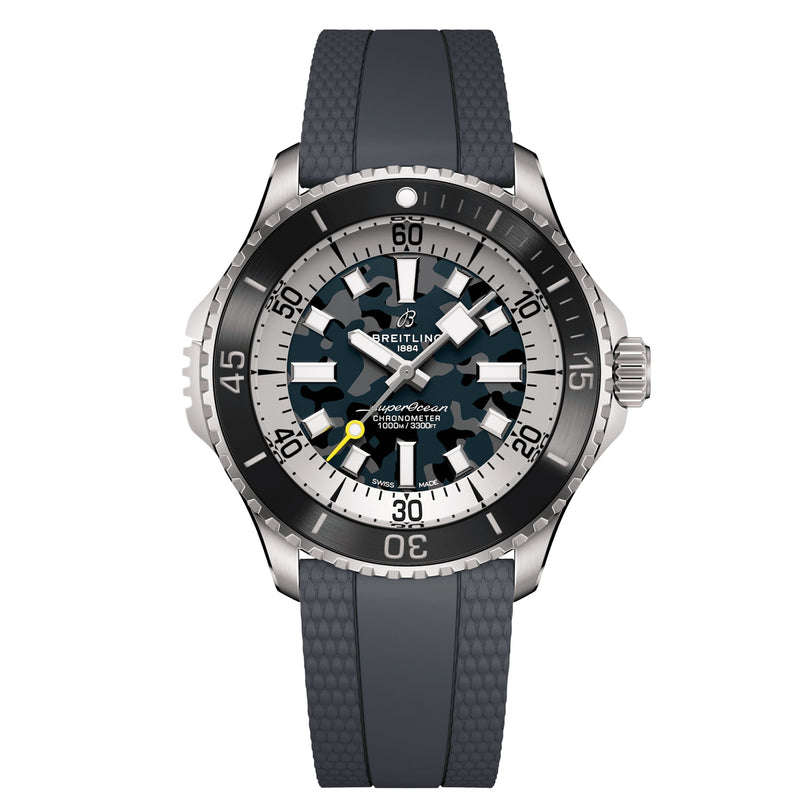 The Breitling Superocean Automatic 46 Super Diver features a stainless steel case, black and grey camo dial, black bezel, textured black rubber strap, and is powered by the reliable Breitling 10 calibre.