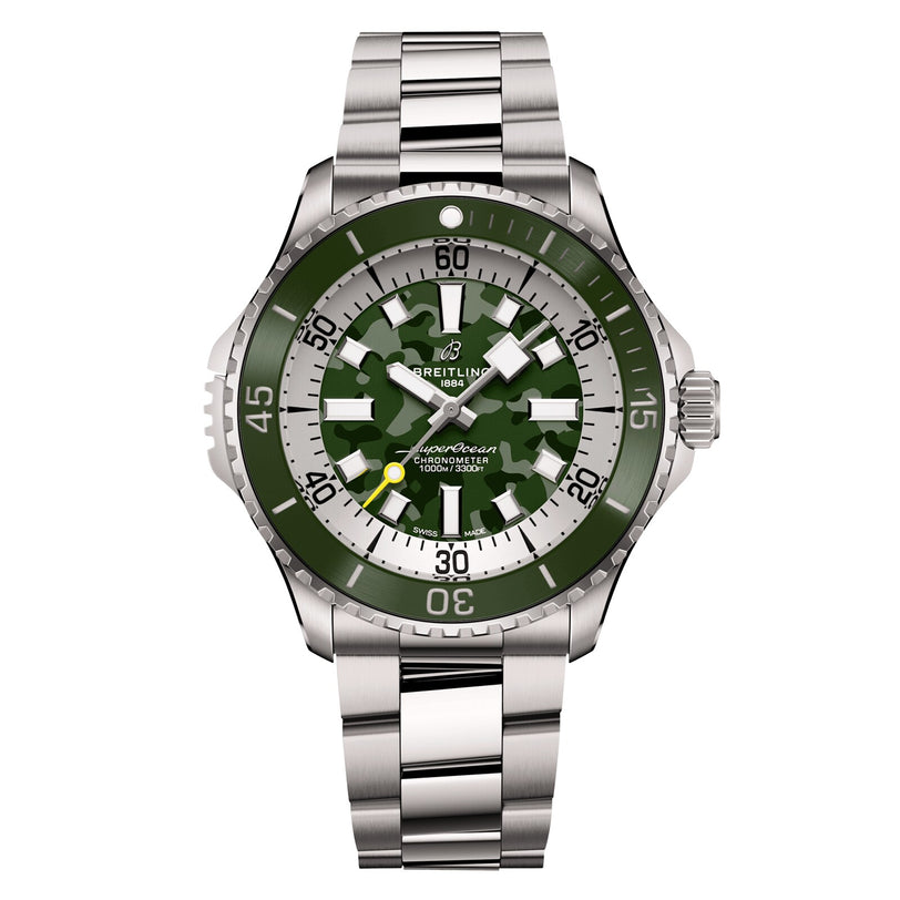 The Breitling Superocean Automatic 46 Super Diver features a stainless steel case, green camouflage-patterned dial, white hour markers, and a matching steel bracelet.