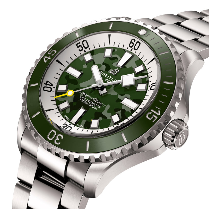 The Breitling Superocean Automatic 46 Super Diver is a stainless steel watch with a green bezel, green camouflage dial, large white hour markers, a yellow-tipped second hand, and runs on the precision Breitling 10 calibre.