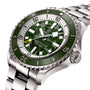 The Breitling Superocean Automatic 46 Super Diver is a stainless steel watch with a green bezel, green camouflage dial, large white hour markers, a yellow-tipped second hand, and runs on the precision Breitling 10 calibre.