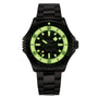 The Breitling Superocean Automatic 46 Super Diver is a black titanium wristwatch with a luminous green and black dial, prominent hour markers, minute markings, and a rotating bezel, inspired by the Superocean Heritage collection.