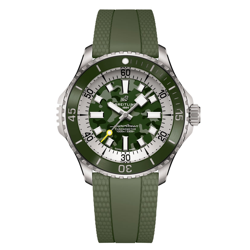 The Breitling Superocean Automatic 46 Super Diver features a green rubber strap, titanium case, silver bezel, white dial markers, and is powered by the Breitling 10 calibre—the watch is displayed face-forward on a white background.