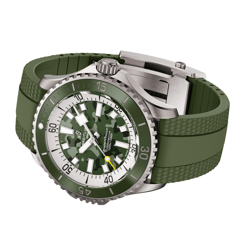The Breitling Superocean Automatic 46 Super Diver features a stainless steel case, green camouflage dial, green rubber strap, rotating bezel, bold hour markers, and is powered by the Breitling 10 calibre.