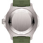 The back of a Breitling Superocean Automatic 46 Super Diver watch with a green strap features engraved model and certification details on its brushed titanium case back, which houses the renowned Breitling 10 calibre.