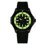 The Breitling Superocean Automatic 46 Super Diver features a titanium case, black rubber strap, and luminous green dial with markings, shown on a white background.