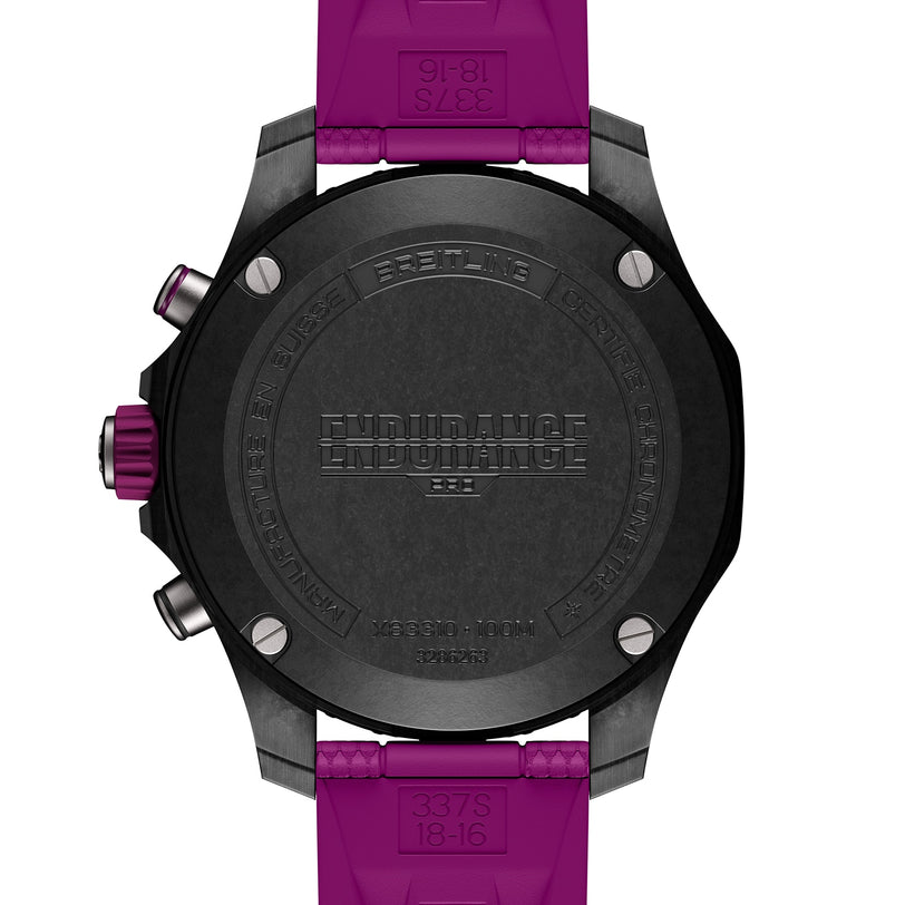 Back view of the Breitling Endurance Pro 38 athleisure watch featuring a lightweight case, engraved markings, and a purple rubber strap.